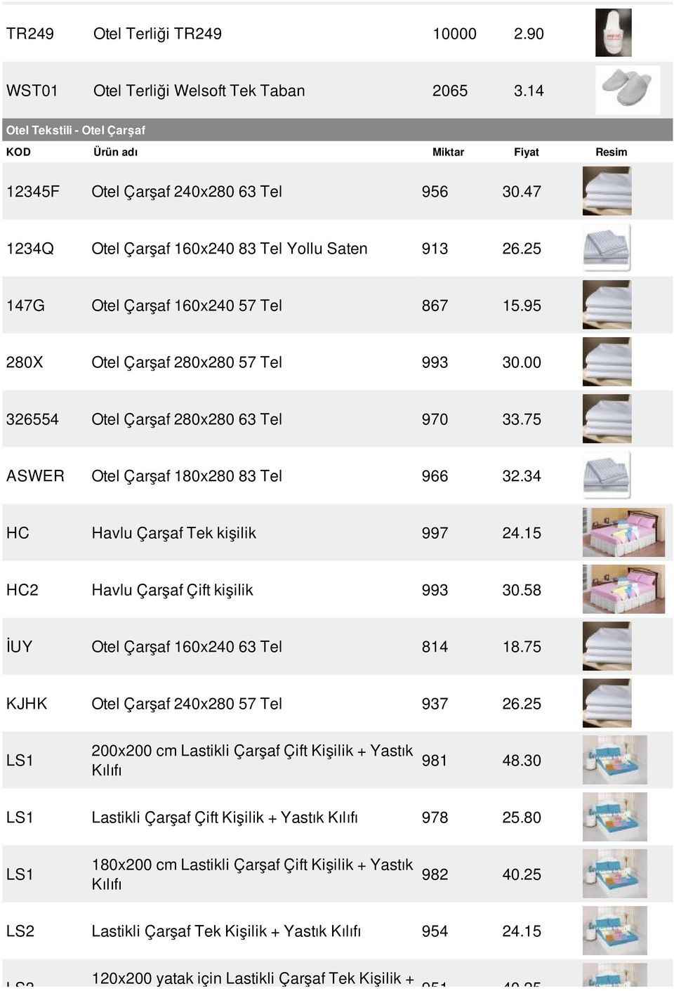 75 ASWER Otel Çarşaf 180x280 83 Tel 966 32.34 HC Havlu Çarşaf Tek kişilik 997 24.15 HC2 Havlu Çarşaf Çift kişilik 993 30.58 İUY Otel Çarşaf 160x240 63 Tel 814 18.