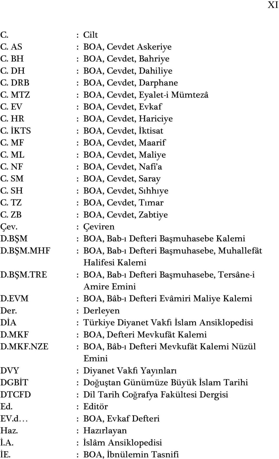 TZ : BOA, Cevdet, Tımar C. ZB : BOA, Cevdet, Zabtiye Çev. : Çeviren D.BġM : BOA, Bab-ı Defteri BaĢmuhasebe Kalemi D.BġM.MHF : BOA, Bab-ı Defteri BaĢmuhasebe, Muhallefât Halifesi Kalemi D.BġM.TRE : BOA, Bab-ı Defteri BaĢmuhasebe, Tersâne-i Amire Emini D.