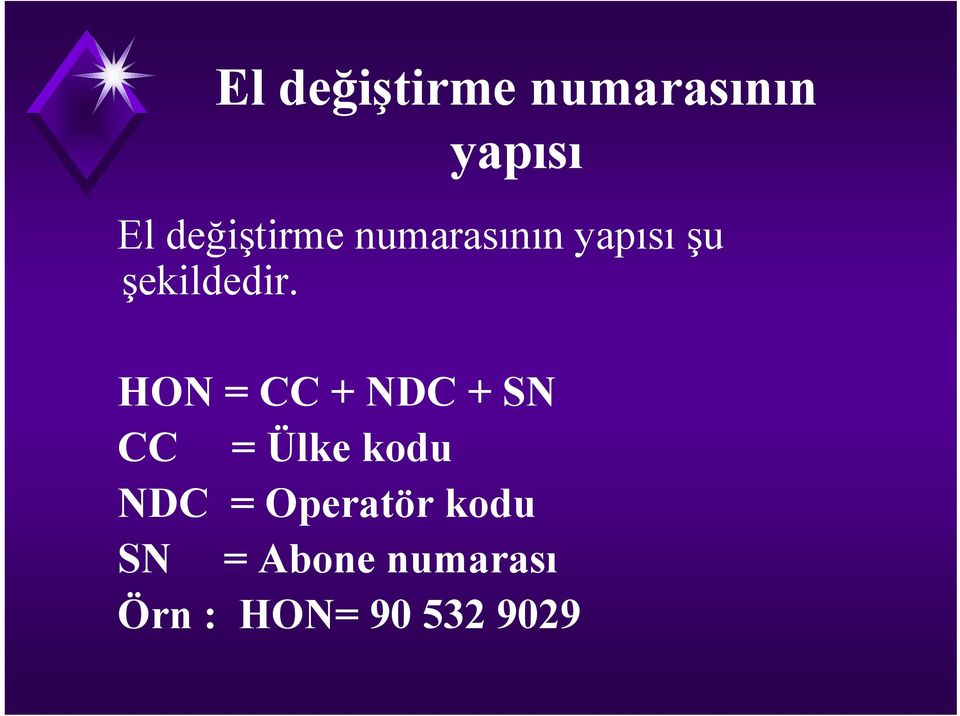 HON = CC + NDC + SN CC = Ülke kodu NDC =