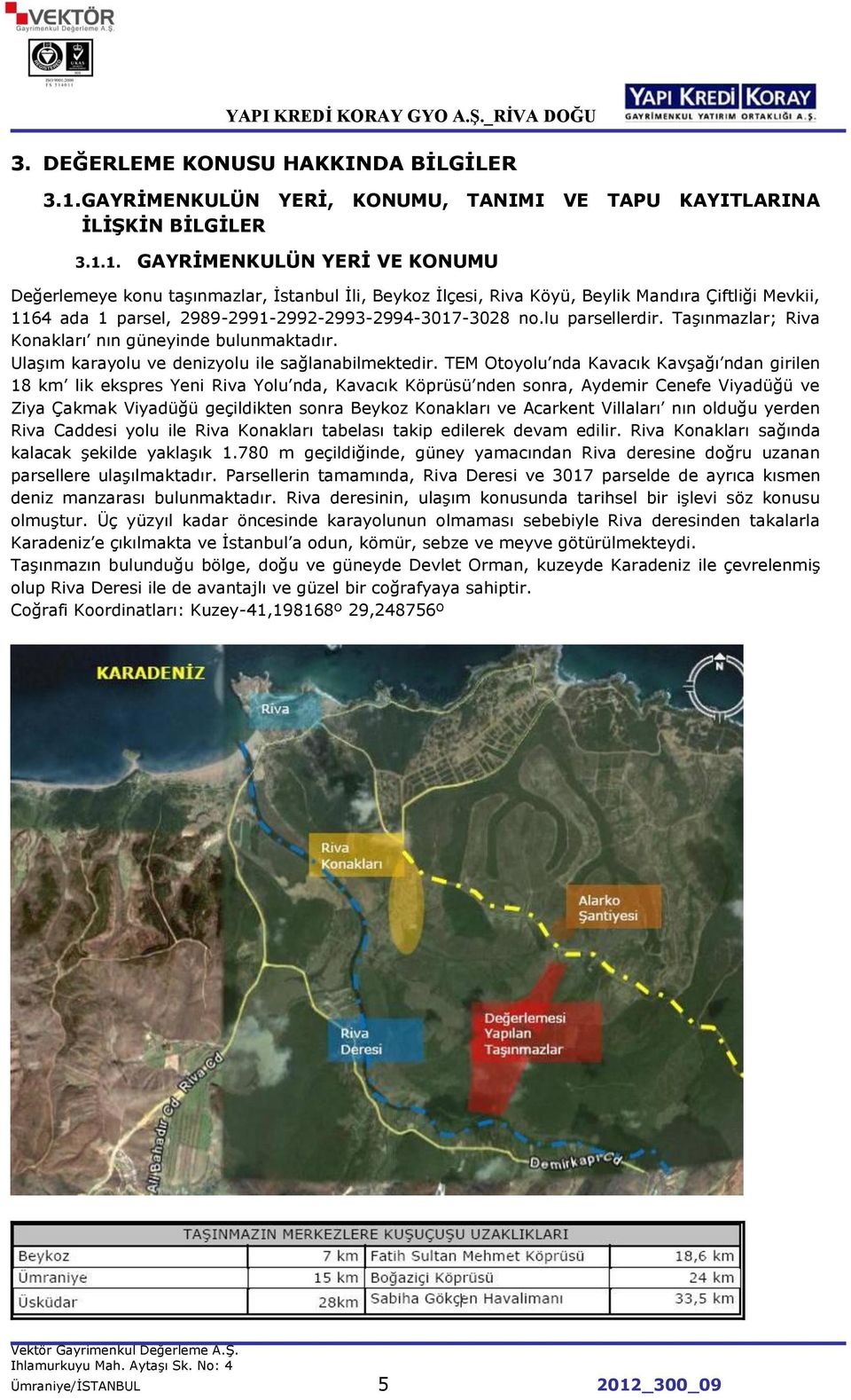 1. GAYRĠMENKULÜN YERĠ VE KONUMU Değerlemeye konu taģınmazlar, Ġstanbul Ġli, Beykoz Ġlçesi, Riva Köyü, Beylik Mandıra Çiftliği Mevkii, 1164 ada 1 parsel, 2989-2991-2992-2993-2994-3017-3028 no.