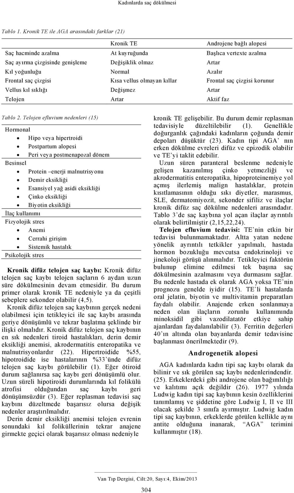 yoğunluğu Normal Azalır Frontal saç çizgisi Kısa vellus olmayan kıllar Frontal saç çizgisi korunur Vellus kıl sıklığı Değişmez Artar Telojen Artar Aktif faz Tablo 2.