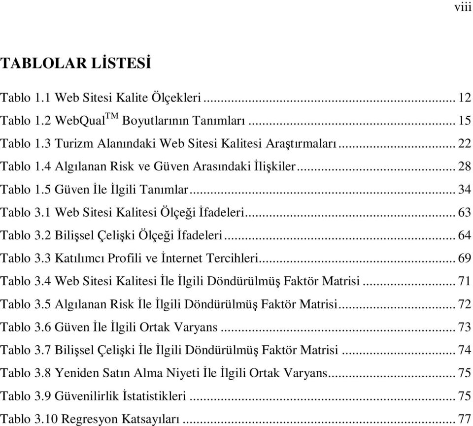 .. 64 Tablo 3.3 Katılımcı Profili ve Đnternet Tercihleri... 69 Tablo 3.4 Web Sitesi Kalitesi Đle Đlgili Döndürülmüş Faktör Matrisi... 71 Tablo 3.5 Algılanan Risk Đle Đlgili Döndürülmüş Faktör Matrisi.