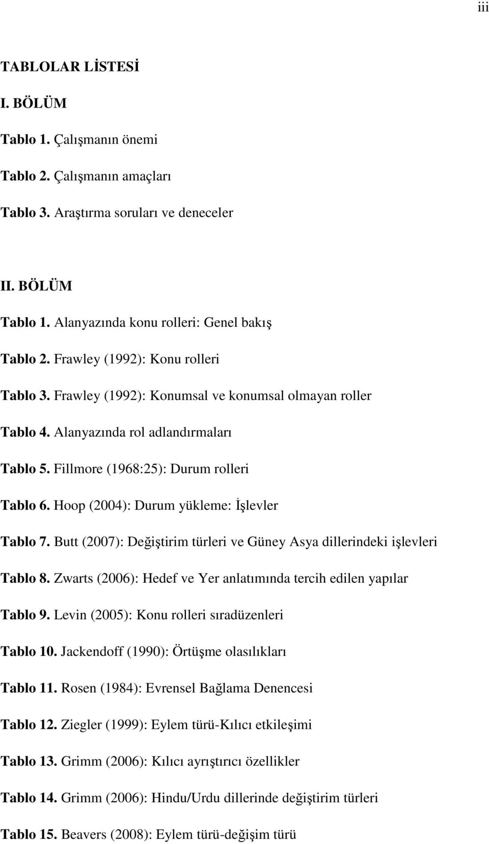 Hoop (2004): Durum yükleme: İşlevler Tablo 7. Butt (2007): Değiştirim türleri ve Güney Asya dillerindeki işlevleri Tablo 8. Zwarts (2006): Hedef ve Yer anlatımında tercih edilen yapılar Tablo 9.