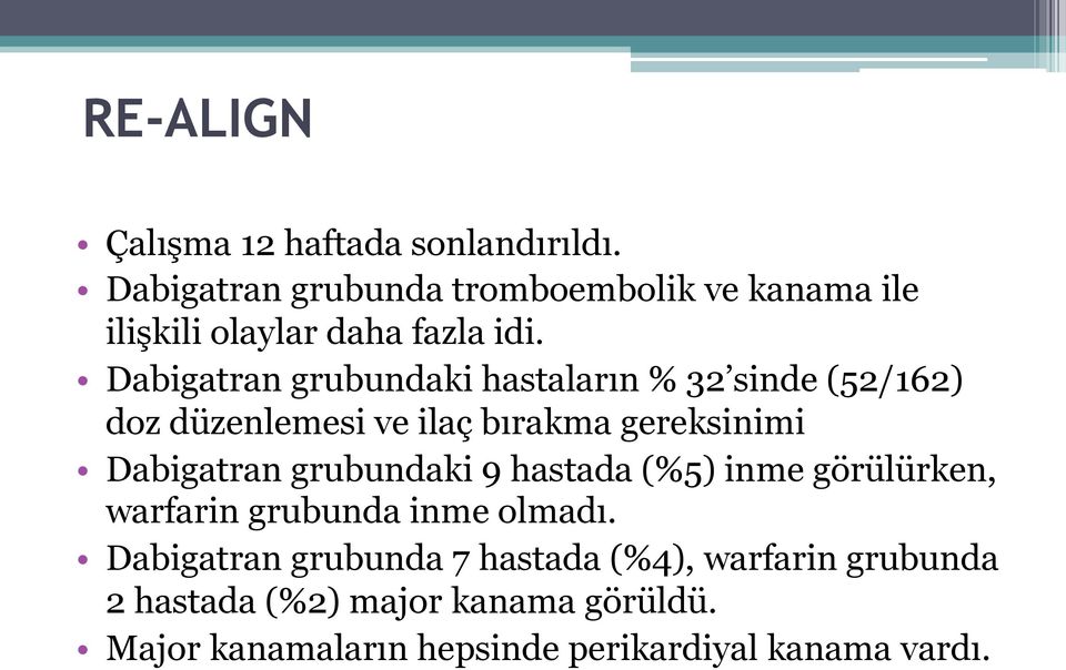 Dabigatran grubundaki hastaların % 32 sinde (52/162) doz düzenlemesi ve ilaç bırakma gereksinimi Dabigatran