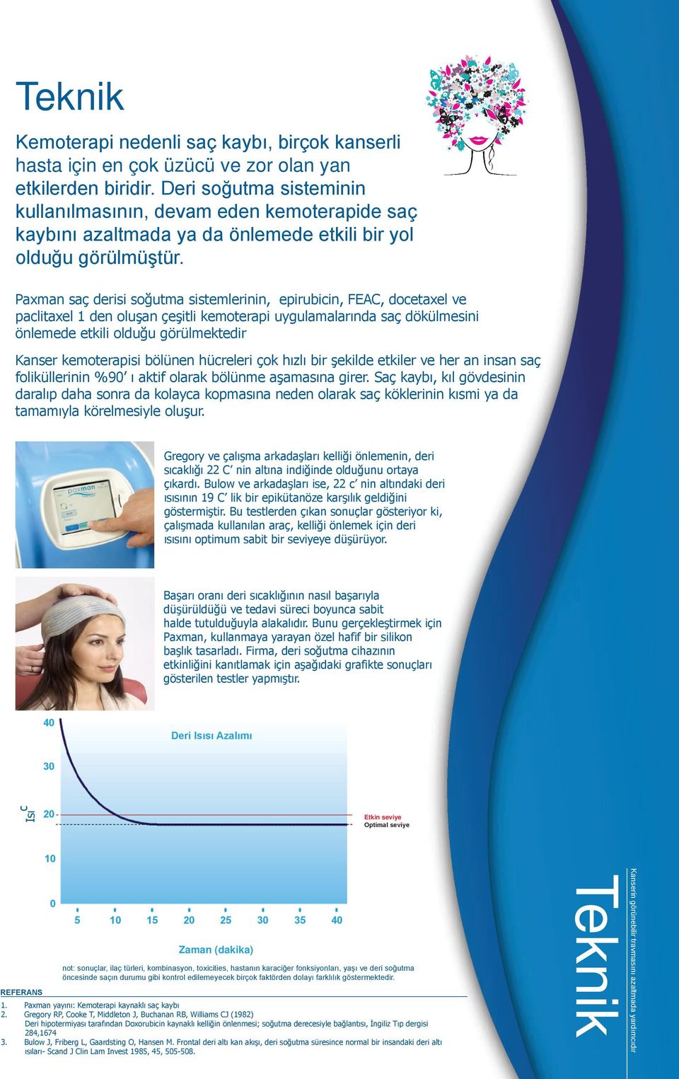 Paxman saç derisi soğutma sistemlerinin, epirubicin, FEAC, docetaxel ve paclitaxel 1 den oluşan çeşitli kemoterapi uygulamalarında saç dökülmesini önlemede etkili olduğu görülmektedir Kanser