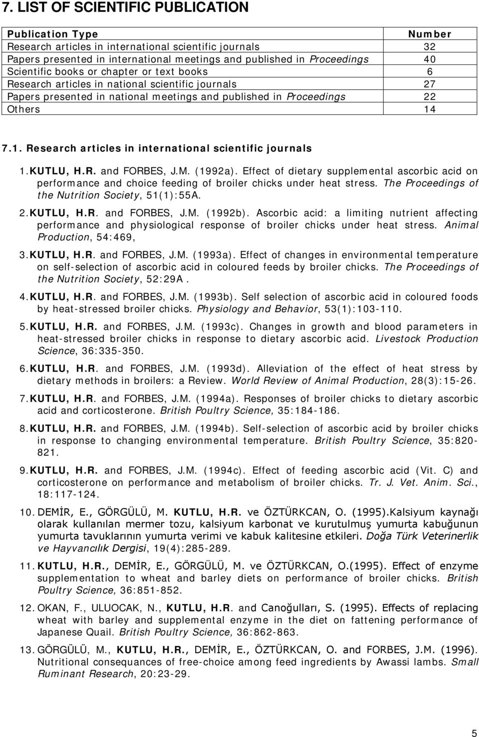 7.1. Research articles in international scientific journals 1. KUTLU, H.R. and FORBES, J.M. (1992a).