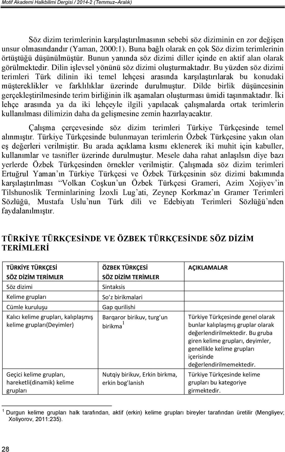Bu yüzden söz dizimi terimleri Türk dilinin iki temel lehçesi arasında karşılaştırılarak bu konudaki müştereklikler ve farklılıklar üzerinde durulmuştur.