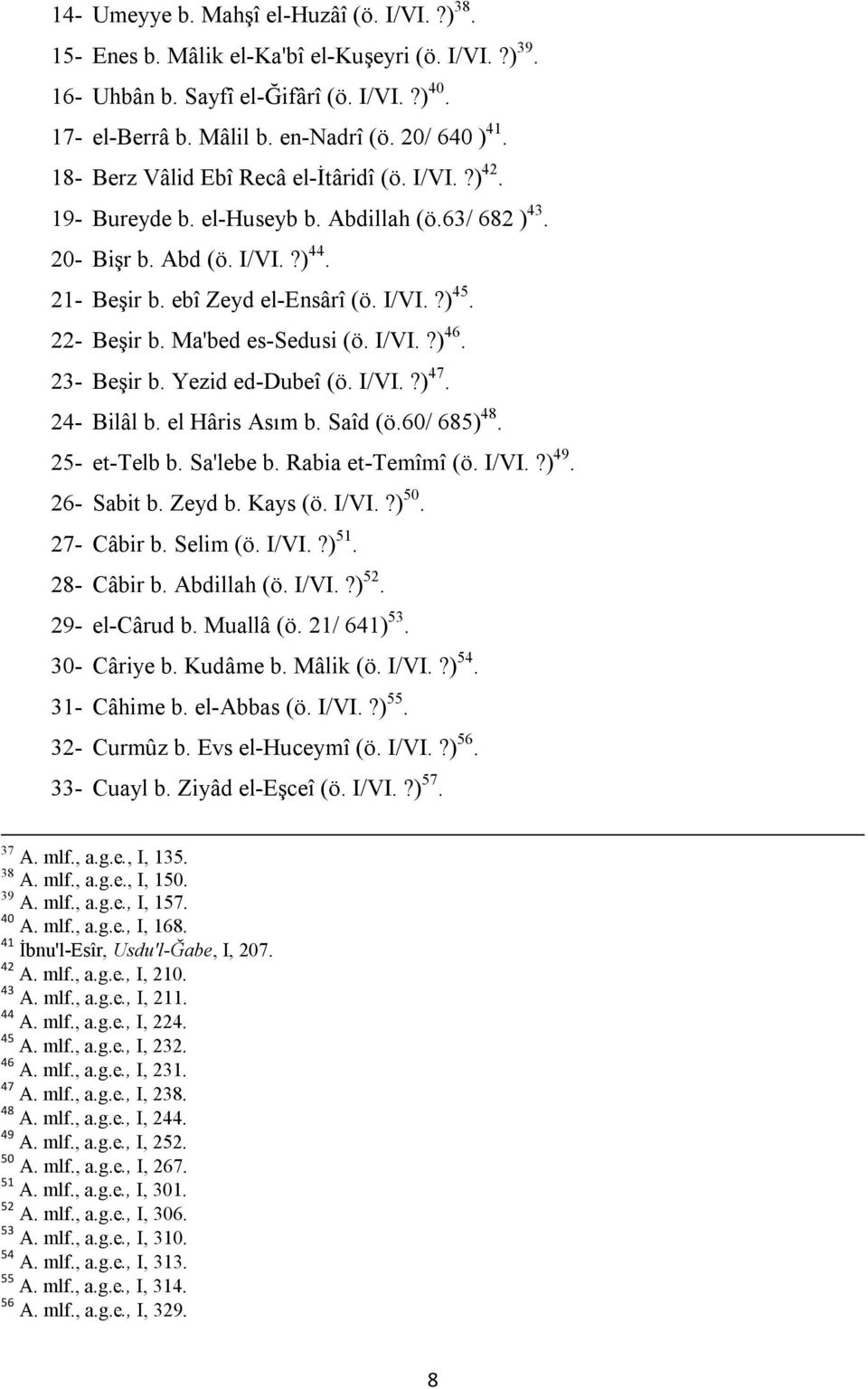 Ma'bed es-sedusi (ö. I/VI.?) 46. 23- Beşir b. Yezid ed-dubeî (ö. I/VI.?) 47. 24- Bilâl b. el Hâris Asım b. Saîd (ö.60/ 685) 48. 25- et-telb b. Sa'lebe b. Rabia et-temîmî (ö. I/VI.?) 49. 26- Sabit b.