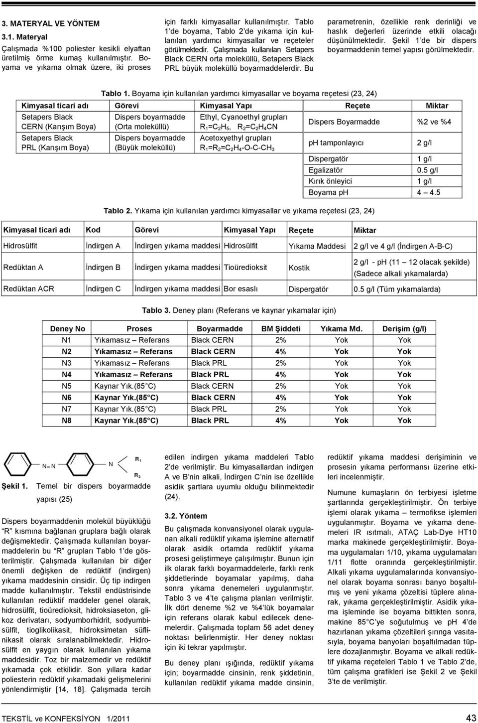 Çalışmada kullanılan Setapers Black CERN orta moleküllü, Setapers Black PRL büyük moleküllü boyarmaddelerdir.