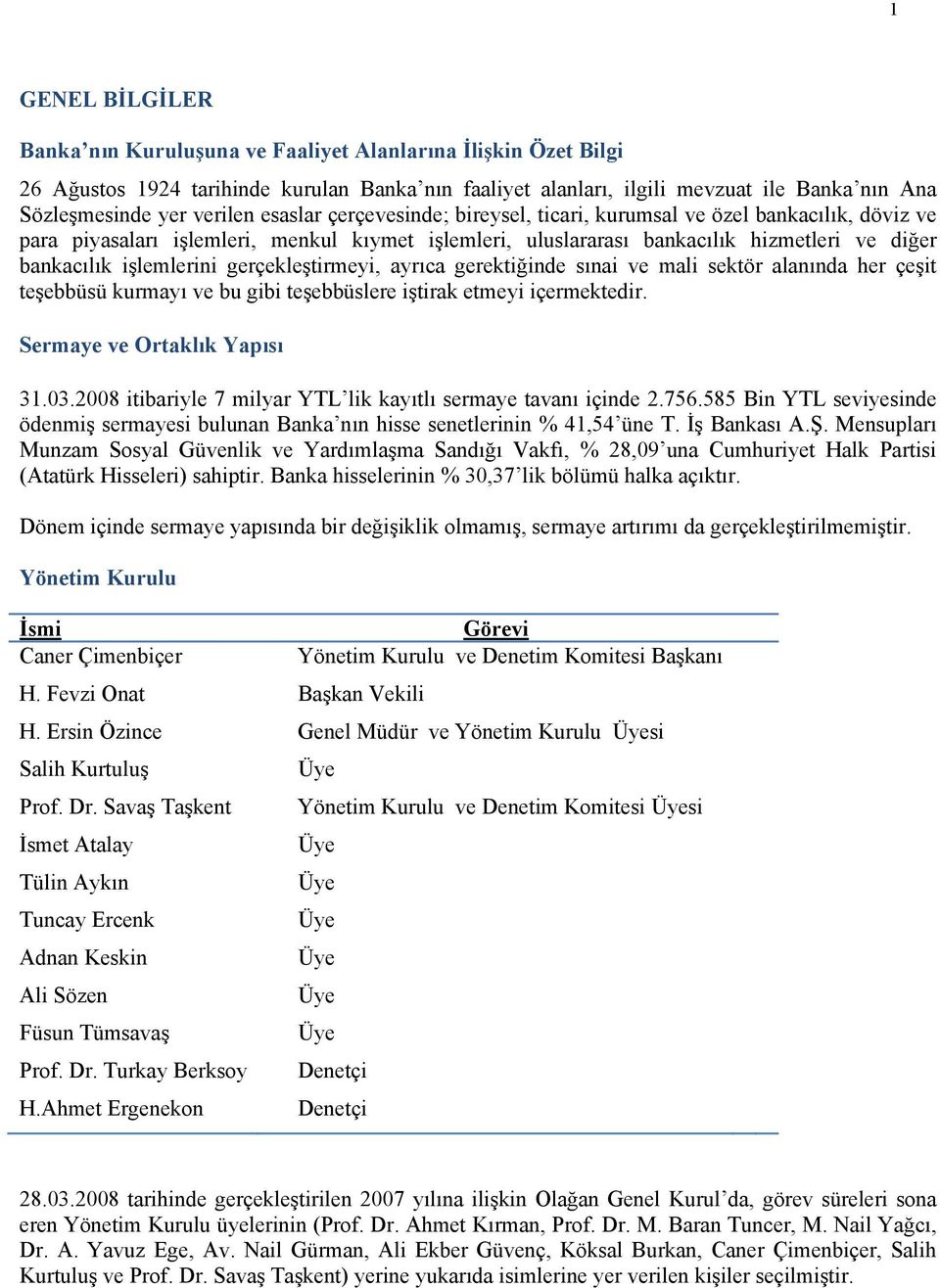 işlemlerini gerçekleştirmeyi, ayrıca gerektiğinde sınai ve mali sektör alanında her çeşit teşebbüsü kurmayı ve bu gibi teşebbüslere iştirak etmeyi içermektedir. Sermaye ve Ortaklık Yapısı 31.03.