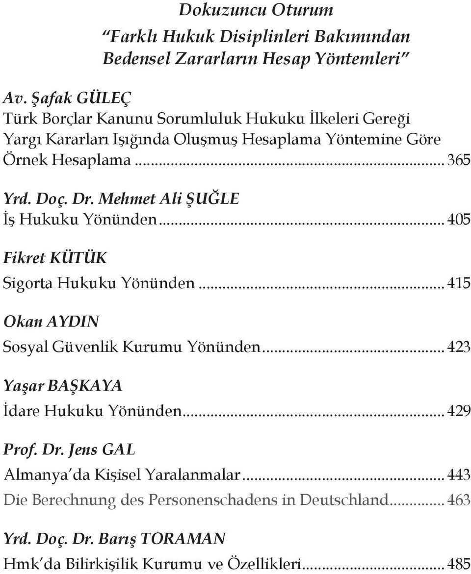 Dr. Mehmet Ali ŞUĞLE İş Hukuku Yönünden... 405 Fikret KÜTÜK Sigorta Hukuku Yönünden... 415 Okan AYDIN Sosyal Güvenlik Kurumu Yönünden.