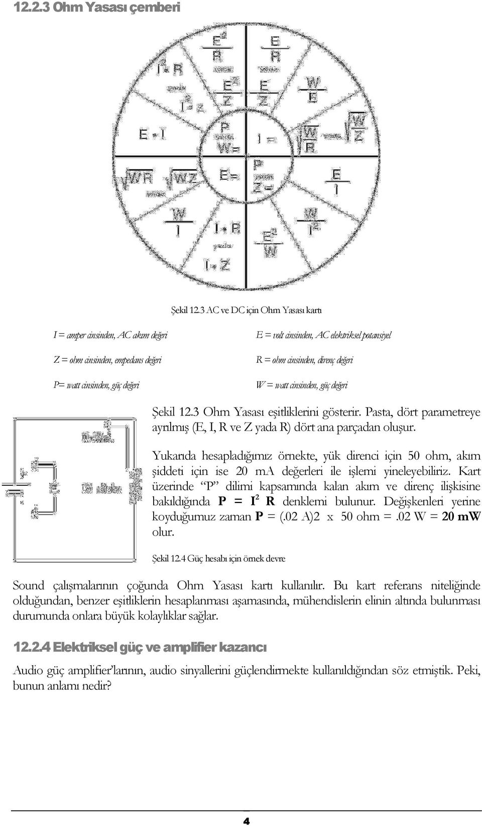 cinsinden, güç değeri W = wat cinsinden, güç değeri Şekil 12.3 Ohm Yasası eşitliklerini gösterir. Pasta, dört parametreye ayrılmış (E, I, R ve Z yada R) dört ana parçadan oluşur.