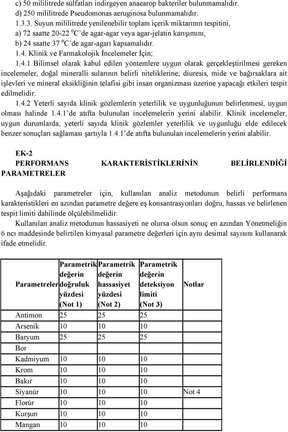 4.1 Bilimsel olarak kabul edilen yöntemlere uygun olarak gerçekleştirilmesi gereken incelemeler, doğal mineralli sularının belirli niteliklerine; diuresis, mide ve bağırsaklara ait işlevleri ve