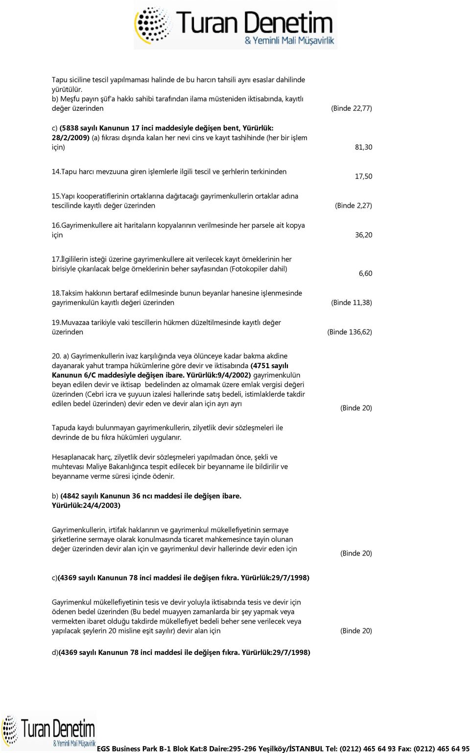 fıkrası dışında kalan her nevi cins ve kayıt tashihinde (her bir işlem için) 81,30 14.Tapu harcı mevzuuna giren işlemlerle ilgili tescil ve şerhlerin terkininden 17,50 15.