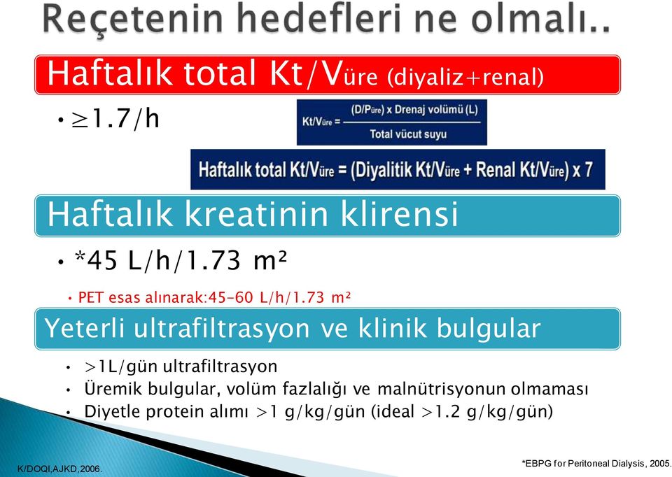 73 m² Yeterli ultrafiltrasyon ve klinik bulgular >1L/gün ultrafiltrasyon Üremik bulgular,