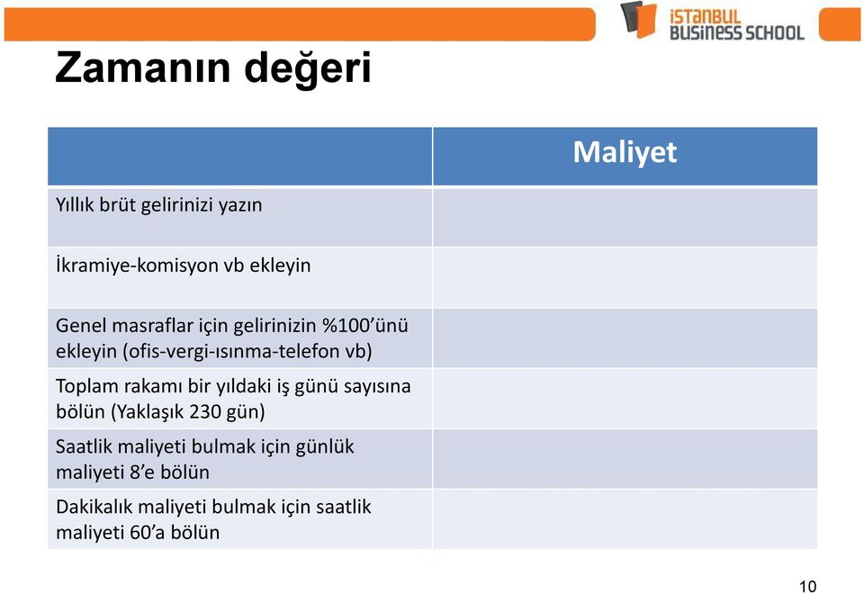 Toplamrakamı bir yıldaki iş günü sayısına bölün (Yaklaşık 230 gün) Saatlik maliyeti