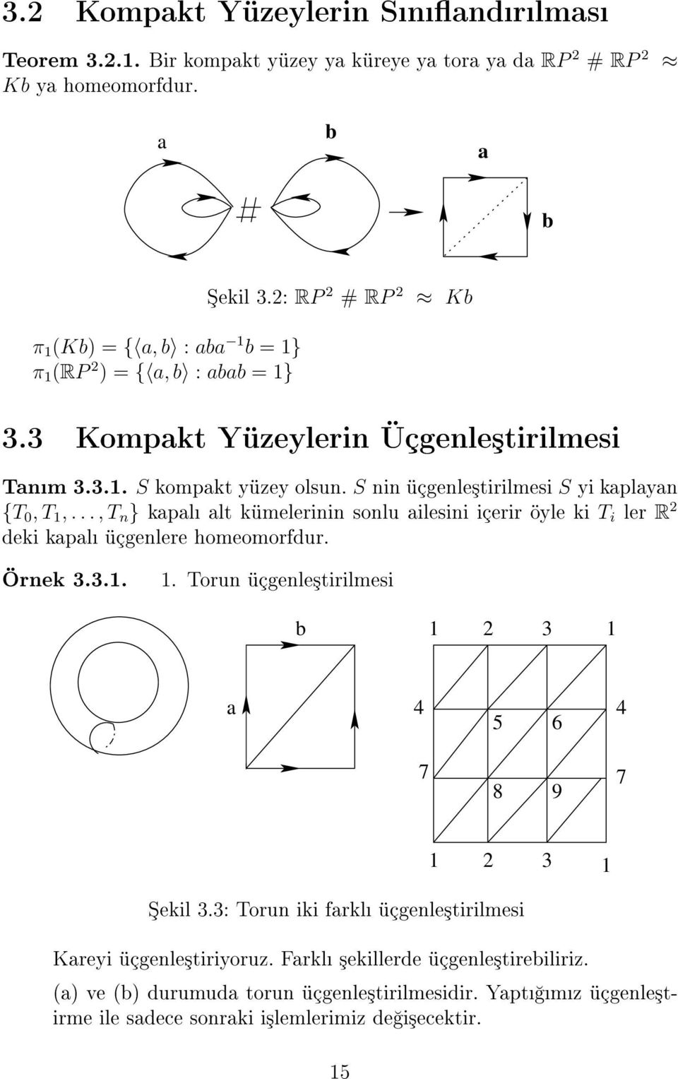 S nin üçgenle³tirilmesi S yi kaplayan {T 0, T 1,..., T n } kapal alt kümelerinin sonlu ailesini içerir öyle ki T i ler R 2 deki kapal üçgenlere homeomorfdur. Örnek 3.3.1. 1. Torun üçgenle³tirilmesi b 1 2 3 1 a 4 5 6 4 7 8 9 7 1 2 3 1 ekil 3.