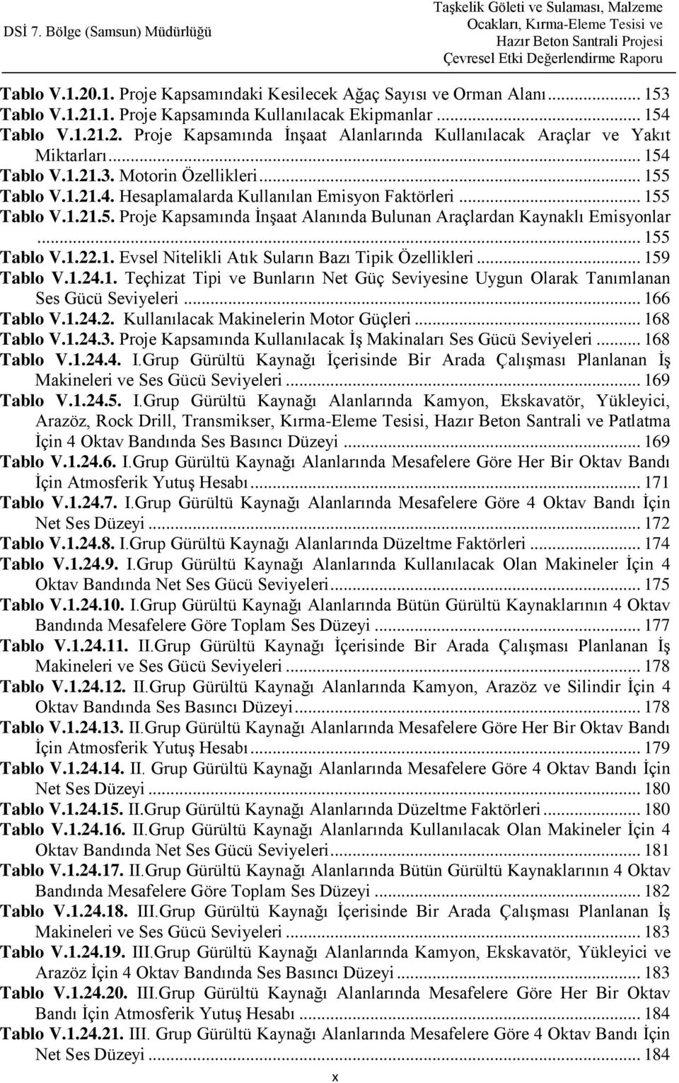 .. 155 Tablo V.1.22.1. Evsel Nitelikli Atık Suların Bazı Tipik Özellikleri... 159 Tablo V.1.24.1. Teçhizat Tipi ve Bunların Net Güç Seviyesine Uygun Olarak Tanımlanan Ses Gücü Seviyeleri... 166 Tablo V.