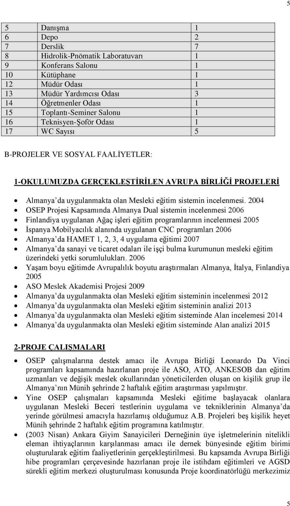 2004 OSEP Projesi Kapsamında Almanya Dual sistemin incelenmesi 2006 Finlandiya uygulanan Ağaç işleri eğitim programlarının incelenmesi 200 İspanya Mobilyacılık alanında uygulanan CNC programları 2006