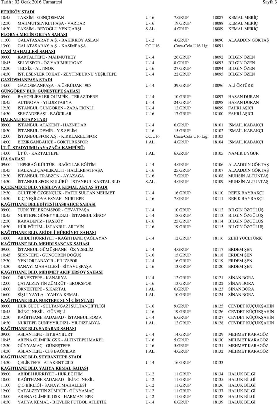 GRUP 18090 ALAADDİN GÖKTAŞ 13:00 GALATASARAY A.Ş. - KASIMPAŞA CC.U16 Coca-Cola U16 Ligi 18091 GAZİ MAHALLESİ SAHASI 09:00 KARTALTEPE - MAHMUTBEY U-14 26.
