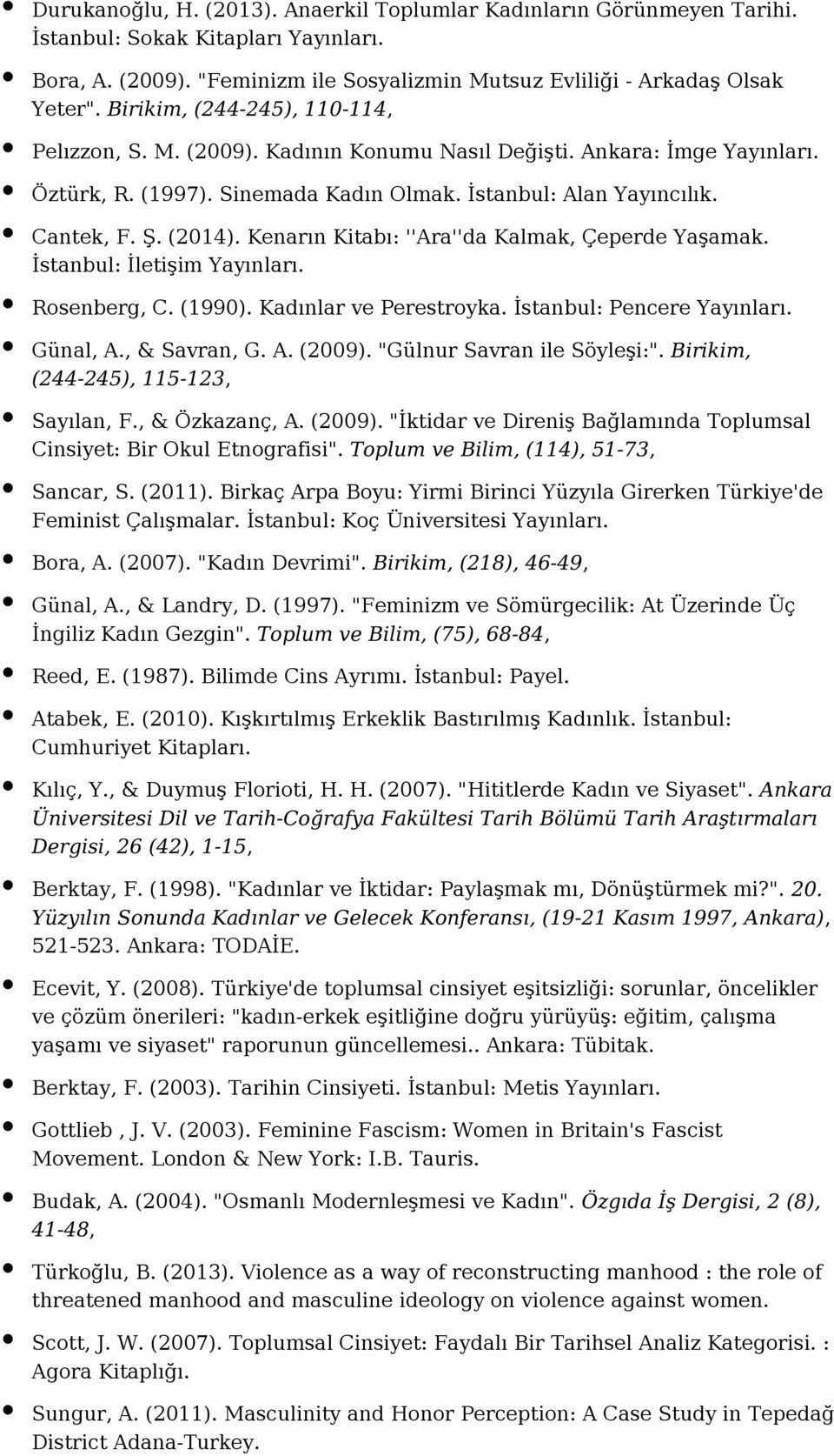 Kenarın Kitabı: ''Ara''da Kalmak, Çeperde Yaşamak. İstanbul: İletişim Yayınları. Rosenberg, C. (1990). Kadınlar ve Perestroyka. İstanbul: Pencere Yayınları. Günal, A., & Savran, G. A. (2009).