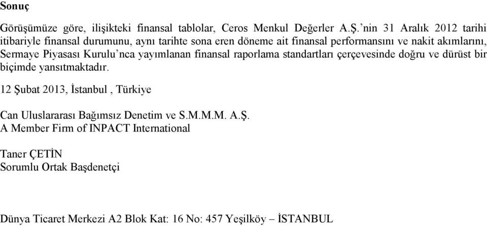 Kurulu nca yayımlanan finansal raporlama standartları çerçevesinde doğru ve dürüst bir biçimde yansıtmaktadır.