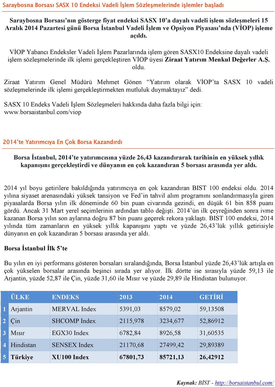 VİOP Yabancı Endeksler Vadeli İşlem Pazarlarında işlem gören SASX10 Endeksine dayalı vadeli işlem sözleşmelerinde ilk işlemi gerçekleştiren VİOP üyesi Ziraat Yatırım Menkul Değerler A.Ş. oldu.