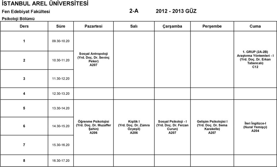 Doç. Dr. Muzaffer Şahin) A0 Kişilik I (Yrd. Doç. Dr. Zümra Özyeşil) A0 Sosyal - I (Yrd. Doç. Dr. Ferzan Curun) A0 Gelişim si I (Yrd.