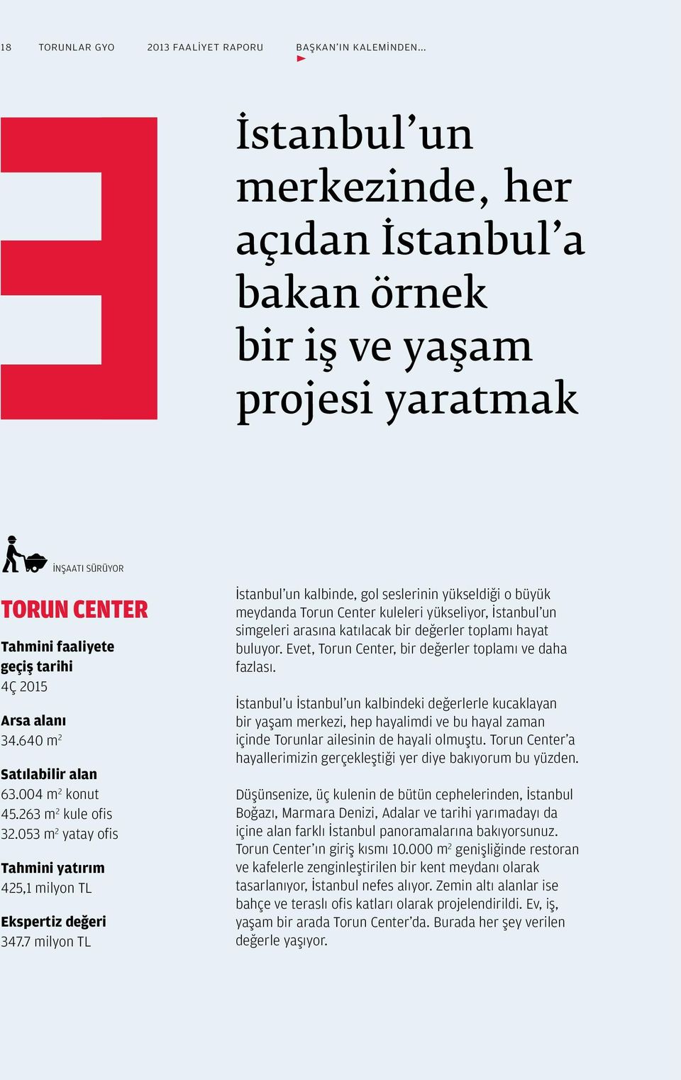 640 m 2 Satılabilir alan 63.004 m 2 konut 45.263 m 2 kule ofis 32.053 m 2 yatay ofis Tahmini yatırım 425,1 milyon TL Ekspertiz değeri 347.