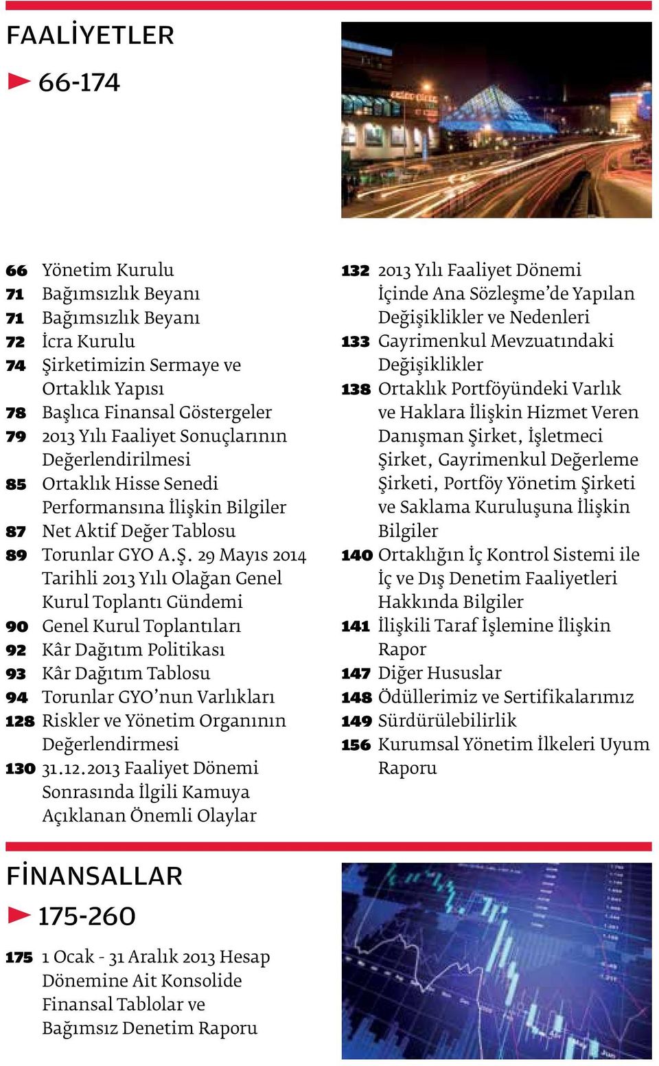 29 Mayıs 2014 Tarihli 2013 Yılı Olağan Genel Kurul Toplantı Gündemi 90 Genel Kurul Toplantıları 92 Kâr Dağıtım Politikası 93 Kâr Dağıtım Tablosu 94 Torunlar GYO nun Varlıkları 128 Riskler ve Yönetim