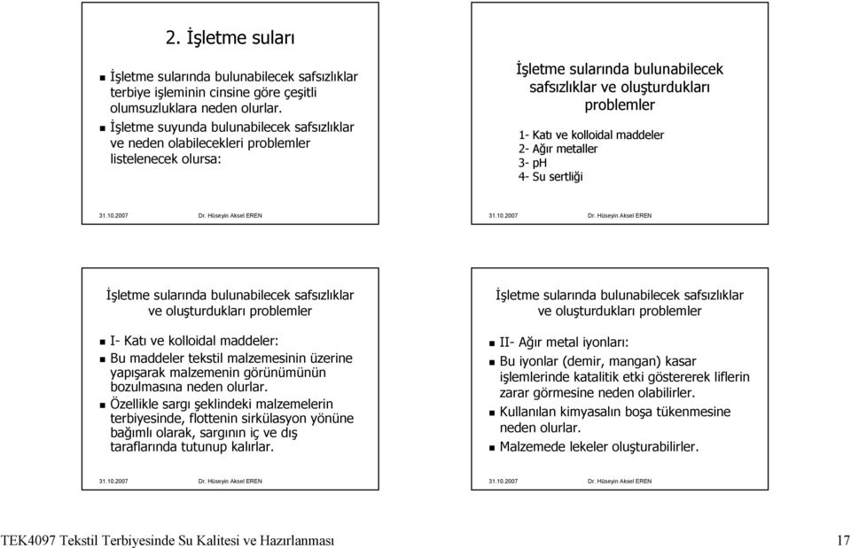 maddeler 2- Ağır metaller 3- ph 4- Su sertliği İşletme sularında bulunabilecek safsızlıklar ve oluşturdukları problemler I- Katı ve kolloidal maddeler: Bu maddeler tekstil malzemesinin üzerine