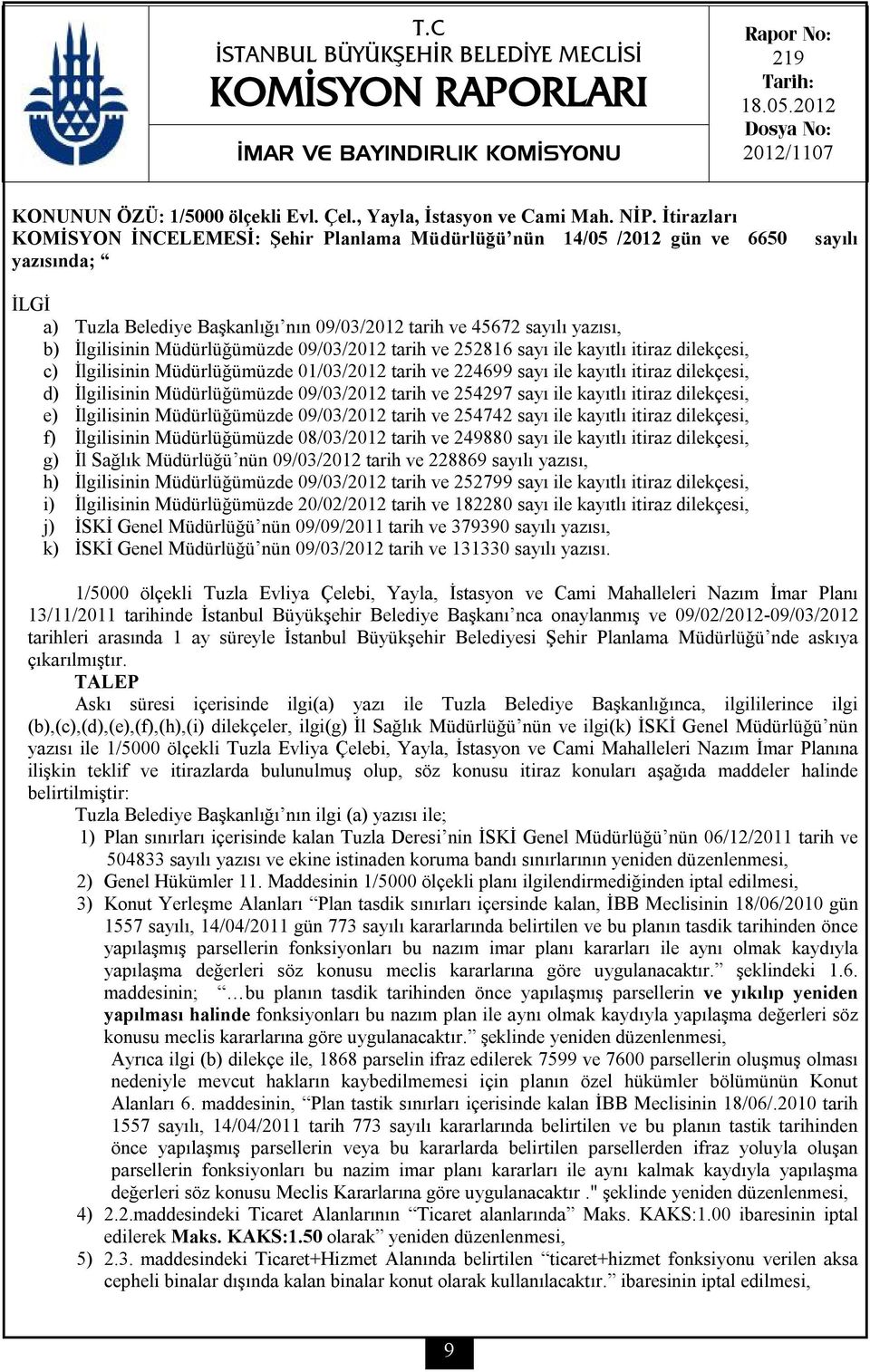 İtirazları KOMİSYON İNCELEMESİ: Şehir Planlama Müdürlüğü nün 14/05 /2012 gün ve 6650 yazısında; sayılı İLGİ a) Tuzla Belediye Başkanlığı nın 09/03/2012 tarih ve 45672 sayılı yazısı, b) İlgilisinin