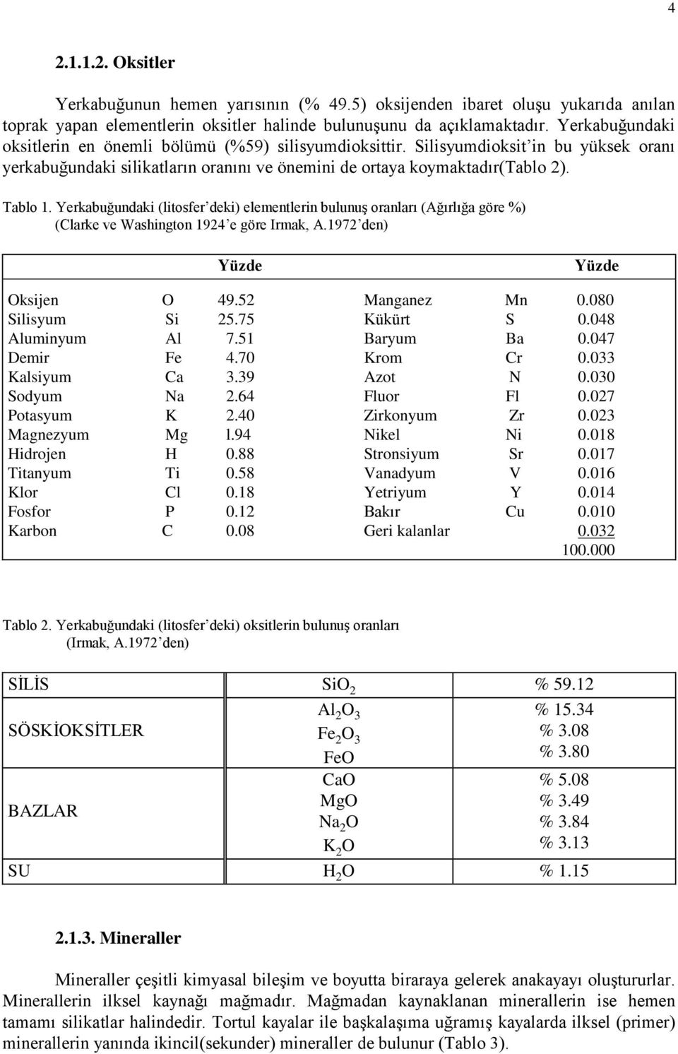 Yerkabuğundaki (litosfer deki) elementlerin bulunuş oranları (Ağırlığa göre %) (Clarke ve Washington 1924 e göre Irmak, A.1972 den) Yüzde Yüzde Oksijen O 49.52 Manganez Mn 0.080 Silisyum Si 25.