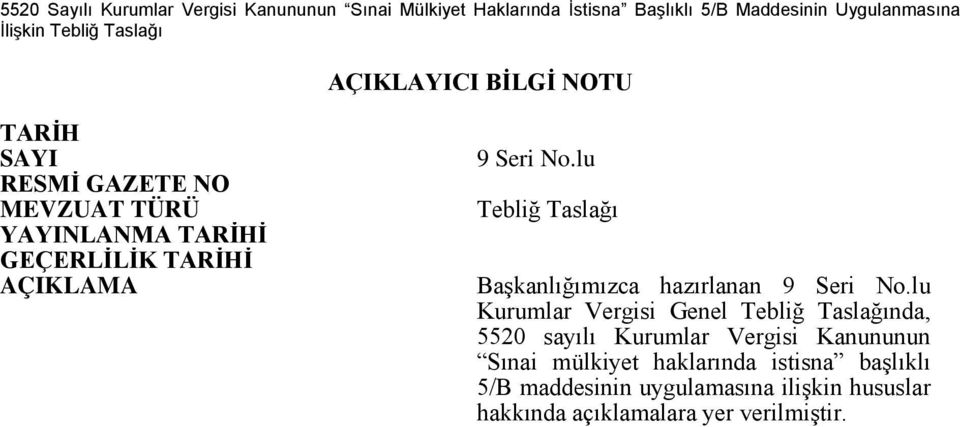 lu Tebliğ Taslağı Başkanlığımızca hazırlanan 9 Seri No.