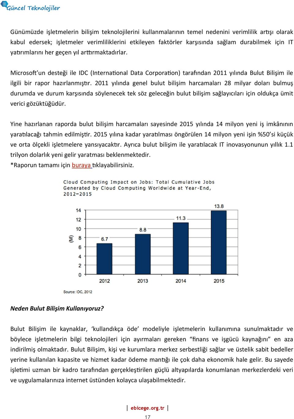 Microsoft un desteği ile IDC (International Data Corporation) tarafından 2011 yılında Bulut Bilişim ile ilgili bir rapor hazırlanmıştır.