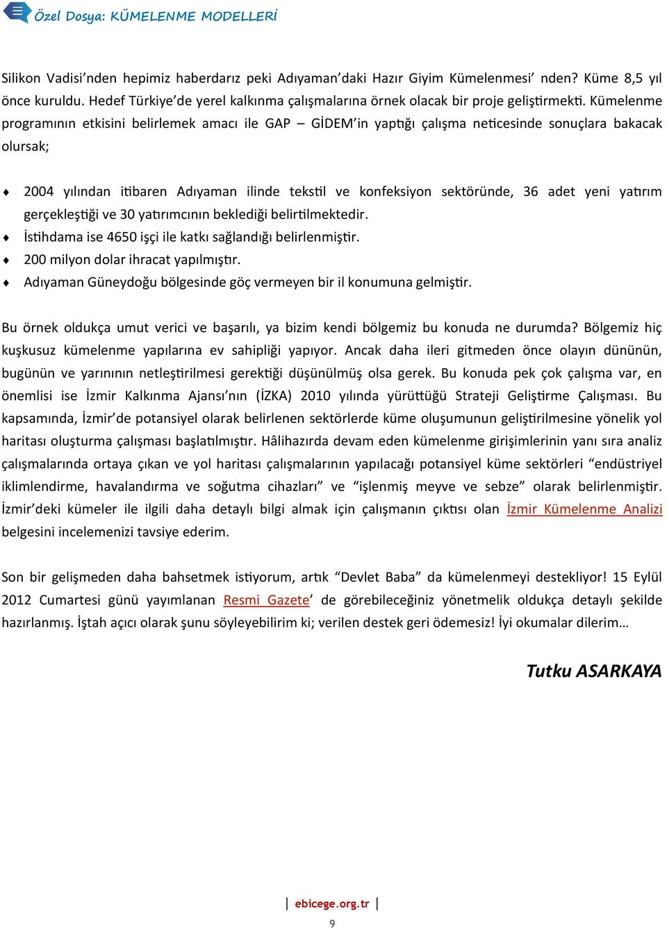 Kümelenme programının etkisini belirlemek amacı ile GAP GİDEM in yaptığı çalışma neticesinde sonuçlara bakacak olursak; 2004 yılından itibaren Adıyaman ilinde tekstil ve konfeksiyon sektöründe, 36