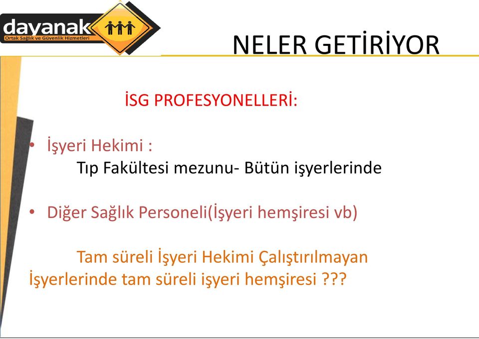 Personeli(İşyeri hemşiresi vb) Tam süreli İşyeri Hekimi