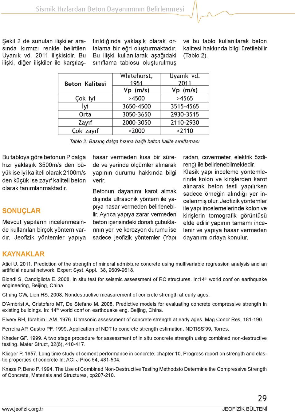 Bu ilişki kullanılarak aşağıdaki sınıflama tablosu oluşturulmuş ve bu tablo kullanılarak beton kalitesi hakkında bilgi üretilebilir (Tablo 2). Beton Kalitesi Whitehurst, 1951 Uyanık vd.