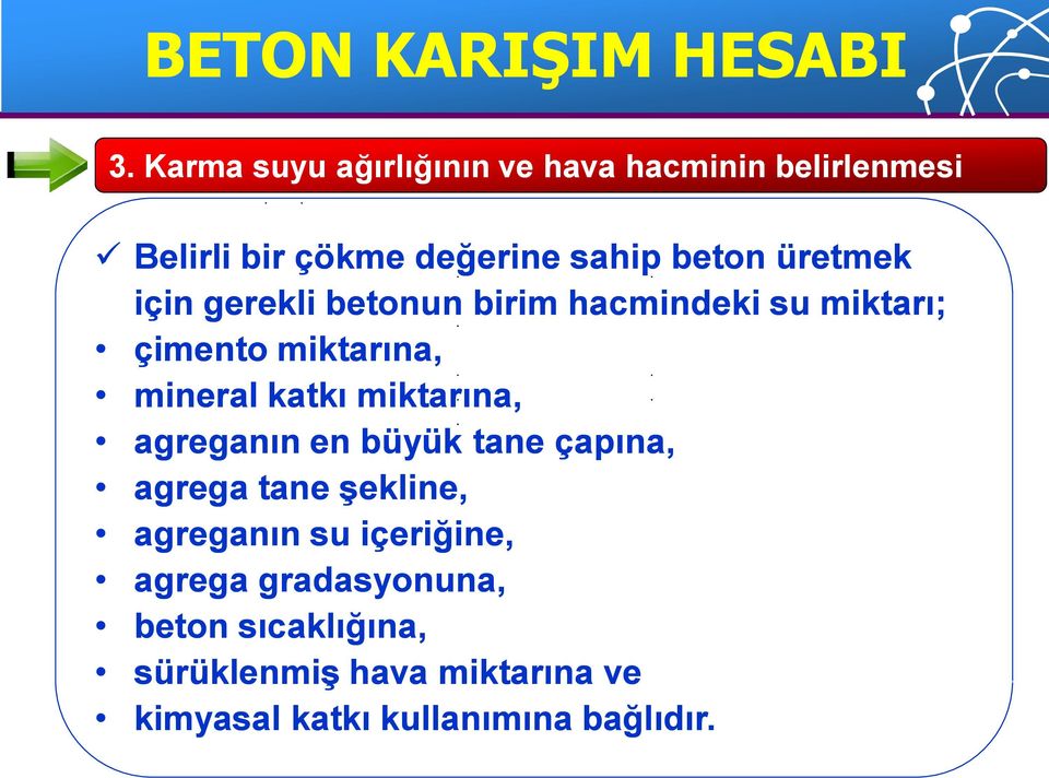 için gerekli betonun birim hacmindeki su miktarı; çimento miktarına, mineral katkı miktarına,