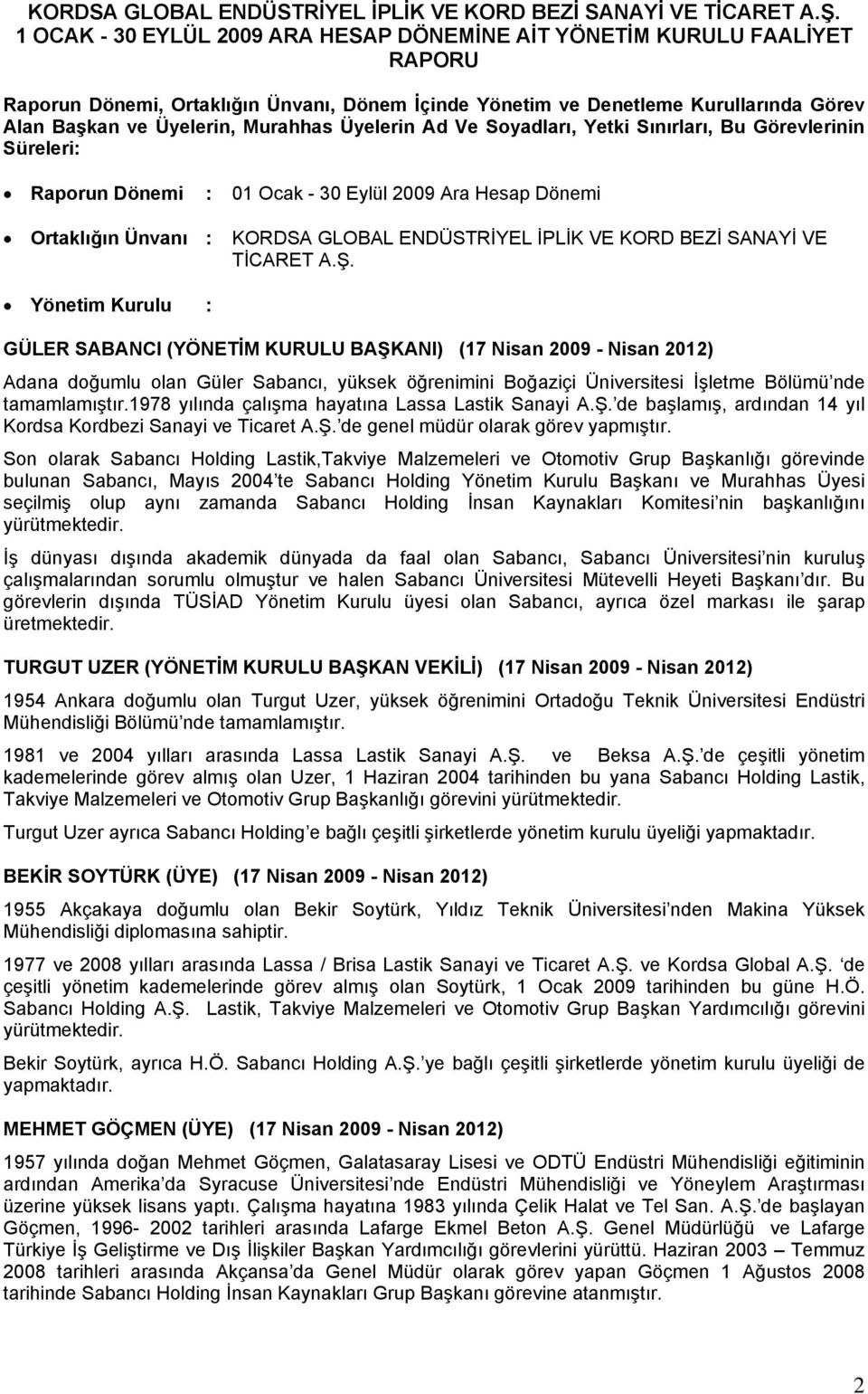 Üyelerin Ad Ve Soyadları, Yetki Sınırları, Bu Görevlerinin Süreleri: Raporun Dönemi : 01 Ocak - 30 Eylül 2009 Ara Hesap Dönemi Ortaklığın Ünvanı :  Yönetim Kurulu : GÜLER SABANCI (YÖNETİM KURULU