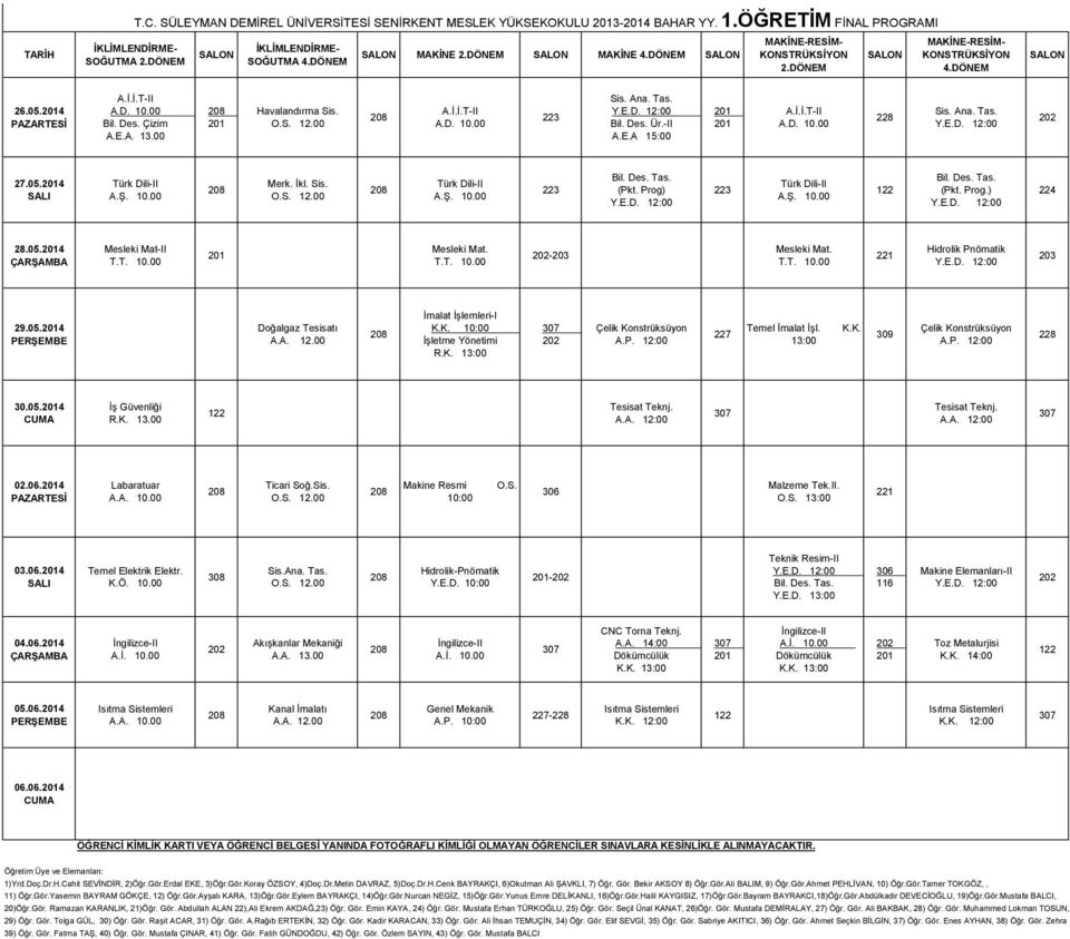 Prog) (Pkt. Prog.) 28.05.4 Mesleki Mat-II - Hidrolik Pnömatik 29.05.4 Doğalgaz Tesisatı A.A. 12.00 İmalat İşlemleri-I K.K. İşletme Yönetimi R.K. 13:00 Çelik Konstrüksüyon Temel İmalat İşl. 13:00 K.K. Çelik Konstrüksüyon 30.
