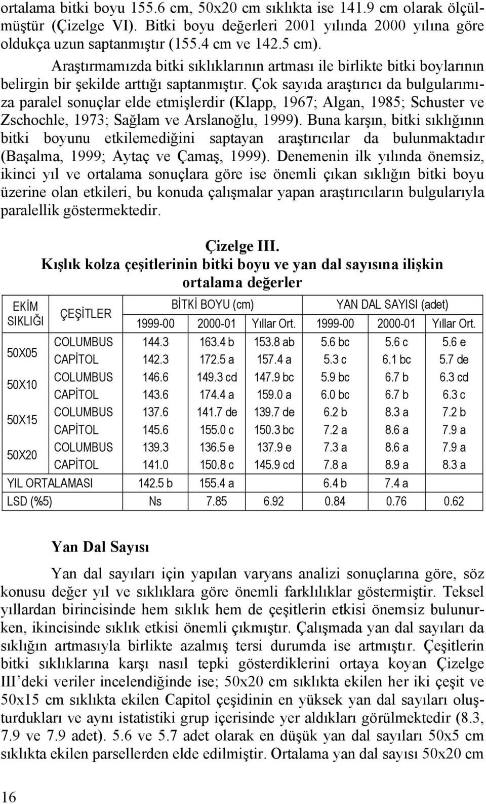 Çok sayıda araştırıcı da bulgularımıza paralel sonuçlar elde etmişlerdir (Klapp, 1967; Algan, 1985; Schuster ve Zschochle, 1973; Sağlam ve Arslanoğlu, 1999).