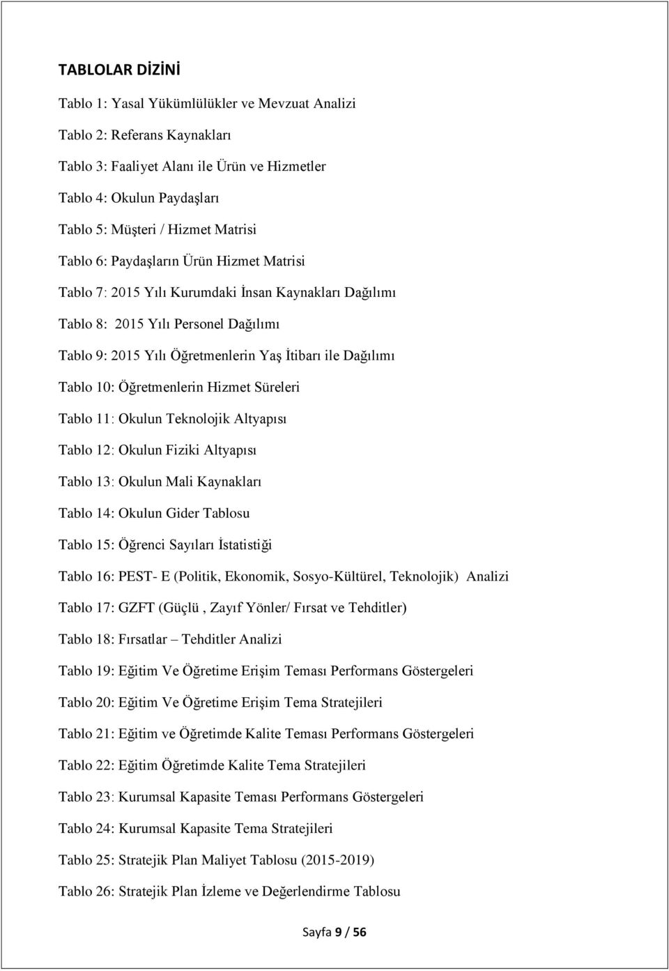 10: Öğretmenlerin Hizmet Süreleri Tablo 11: Okulun Teknolojik Altyapısı Tablo 12: Okulun Fiziki Altyapısı Tablo 13: Okulun Mali Kaynakları Tablo 14: Okulun Gider Tablosu Tablo 15: Öğrenci Sayıları