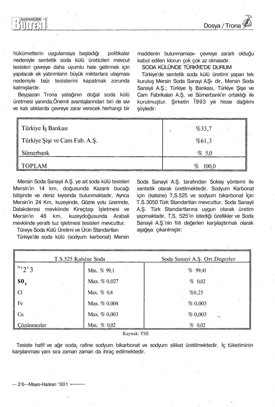 Beypazarı Trona yatağının doğal soda külü üretmesi yanında,önemli avantajlarından biri de sıvı ve katı atıklarda çevreye zarar verecek herhangi bir maddenin bulunmaması» çevreye zararlı olduğu kabul