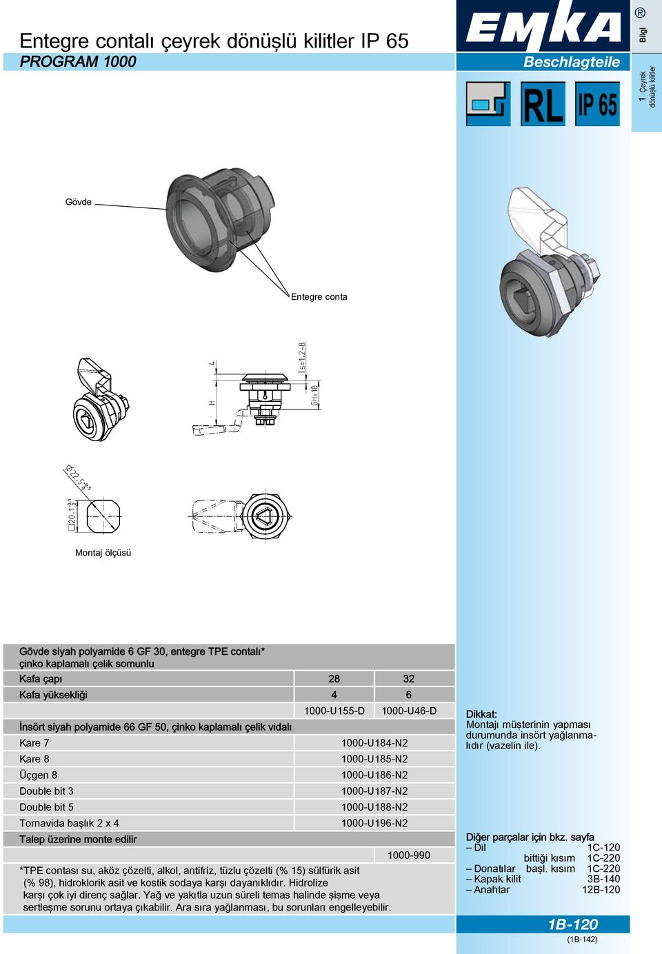 başlık 2 x 4 1000-U196-N2 Talep üzerine monte edilir 1000-990 * TPE contası su, aköz çözelti, alkol, antifriz, tüzlu çözelti (% 15) sülfürik asit (% 98), hidroklorik asit ve kostik sodaya karşı