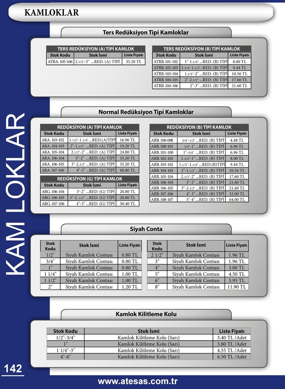 56 TL ATRB. 104-105 2"-2.1/2"...RED. (B) TİPİ 17.60 TL ATRB. 104-106 2"-3"...RED. (B) TİPİ 21.60 TL KAM LOKLAR REDÜKSİYON (A) TİPİ KAMLOK Stok Kodu Stok İsmi Liste Fiyatı ARA. 103-102 1.1/2"-1.1/4".