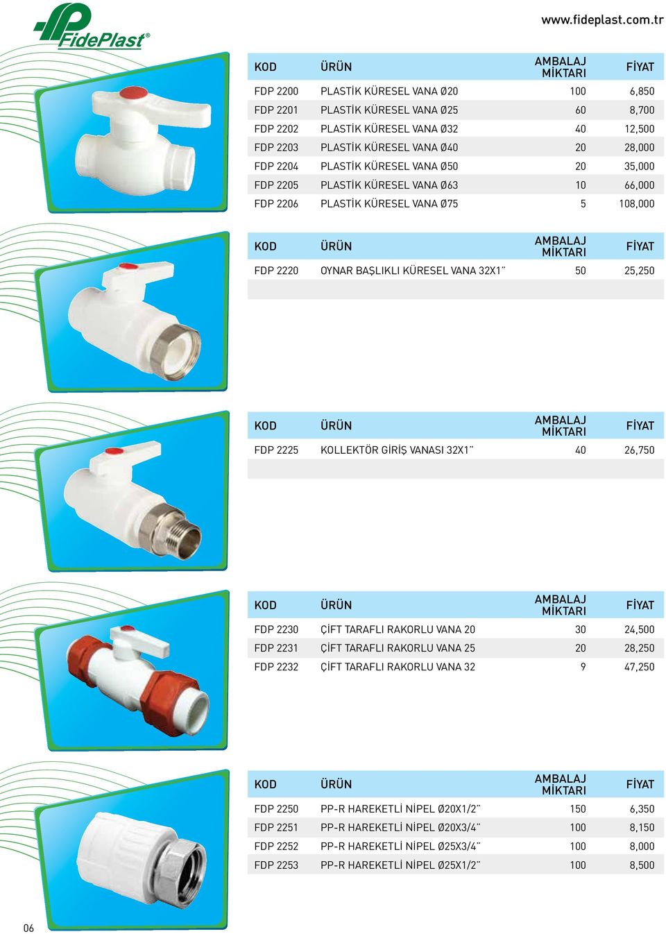 PLASTİK KÜRESEL VANA Ø50 20 35,000 FDP 2205 PLASTİK KÜRESEL VANA Ø63 10 66,000 FDP 2206 PLASTİK KÜRESEL VANA Ø75 5 108,000 FDP 2220 OYNAR BAŞLIKLI KÜRESEL VANA 32X1 50 25,250 FDP 2225