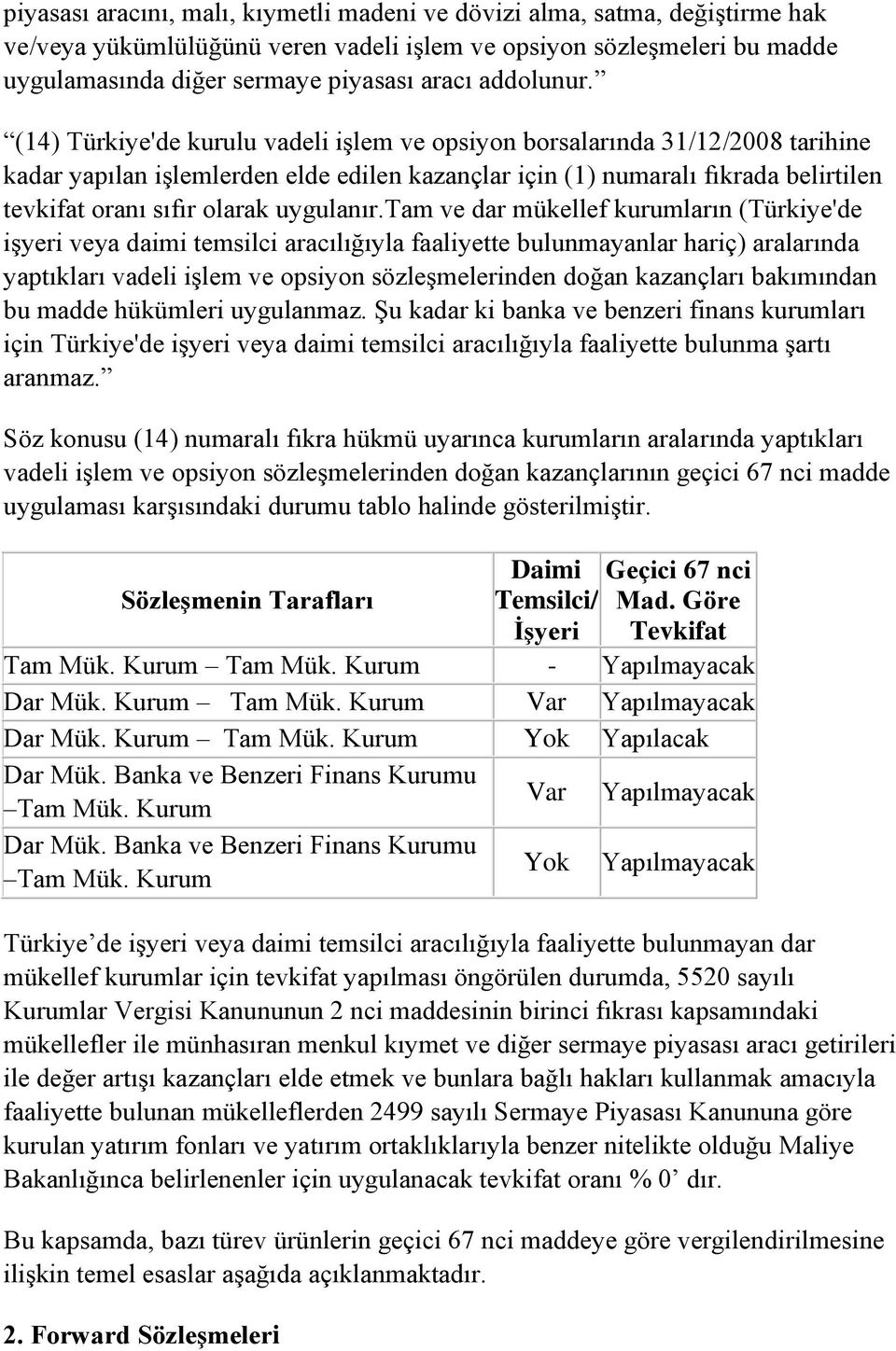 (14) Türkiye'de kurulu vadeli işlem ve opsiyon borsalarında 31/12/2008 tarihine kadar yapılan işlemlerden elde edilen kazançlar için (1) numaralı fıkrada belirtilen tevkifat oranı sıfır olarak