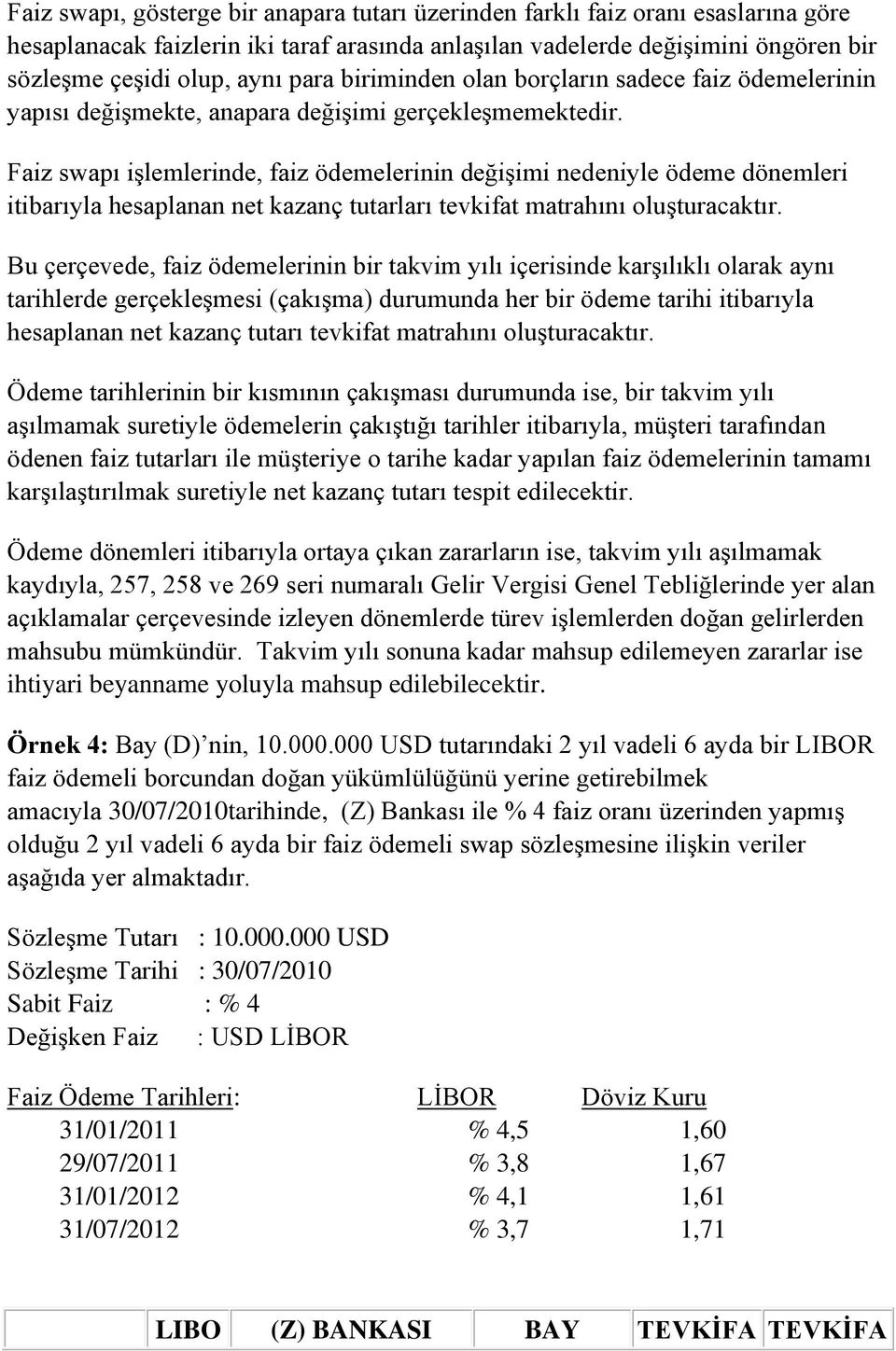 Faiz swapı işlemlerinde, faiz ödemelerinin değişimi nedeniyle ödeme dönemleri itibarıyla hesaplanan net kazanç tutarları tevkifat matrahını oluşturacaktır.