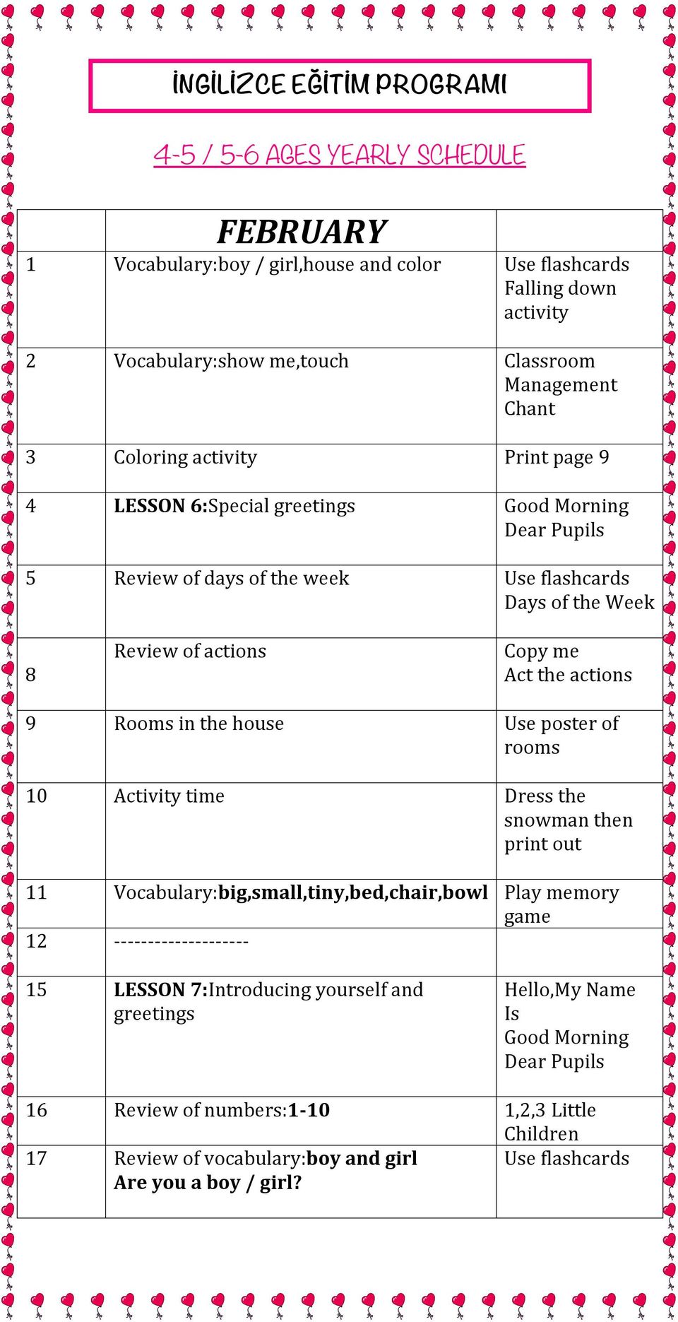 actions 9 Rooms in the house Use poster of rooms 10 Activity time Dress the snowman then print out 11 Vocabulary:big,small,tiny,bed,chair,bowl Play memory game 12 -------------------- 15 LESSON